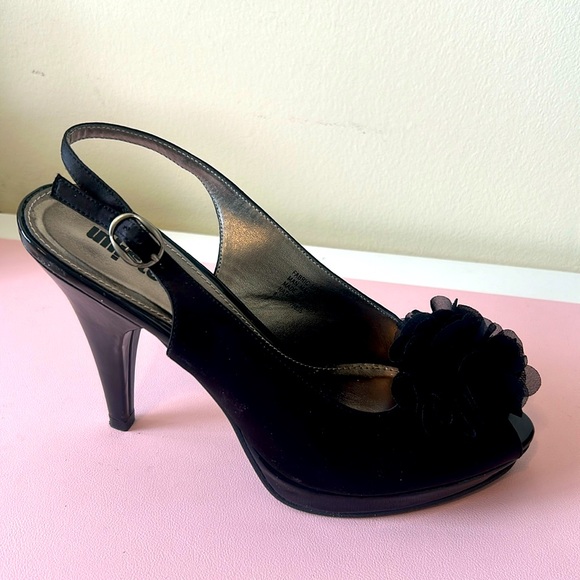 Black Satin Peep Toe Slingback Heels - Picture 2 of 7
